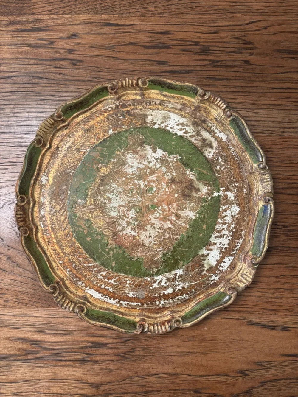 Vintage Italian Florentine Gilt Tray Green Gold Ornate Rococo Tole Style 13”